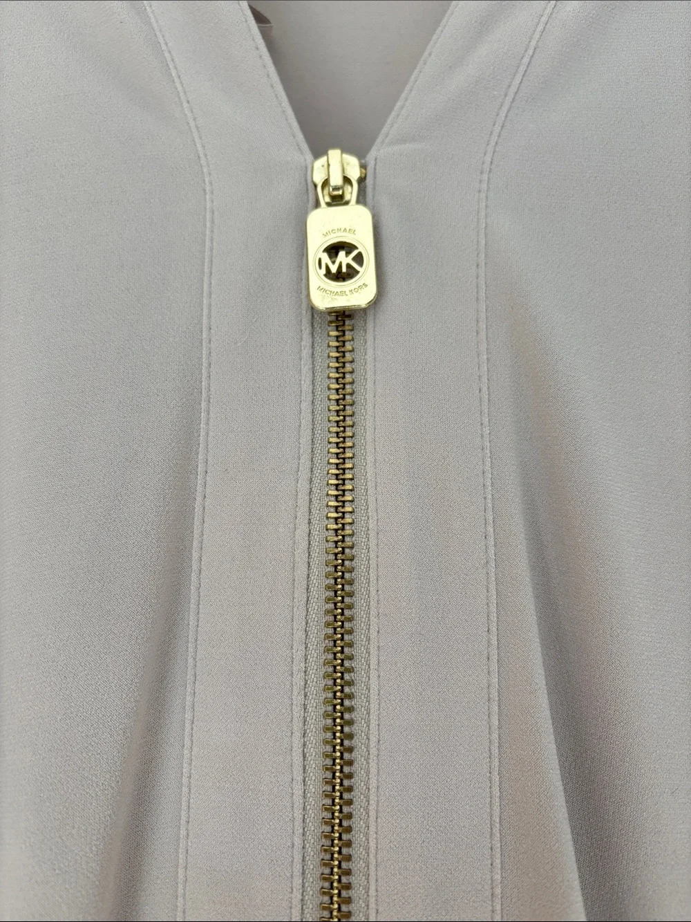 Michael Kors Long-Sleeve V-Neck Belted Dress in Light Taupe